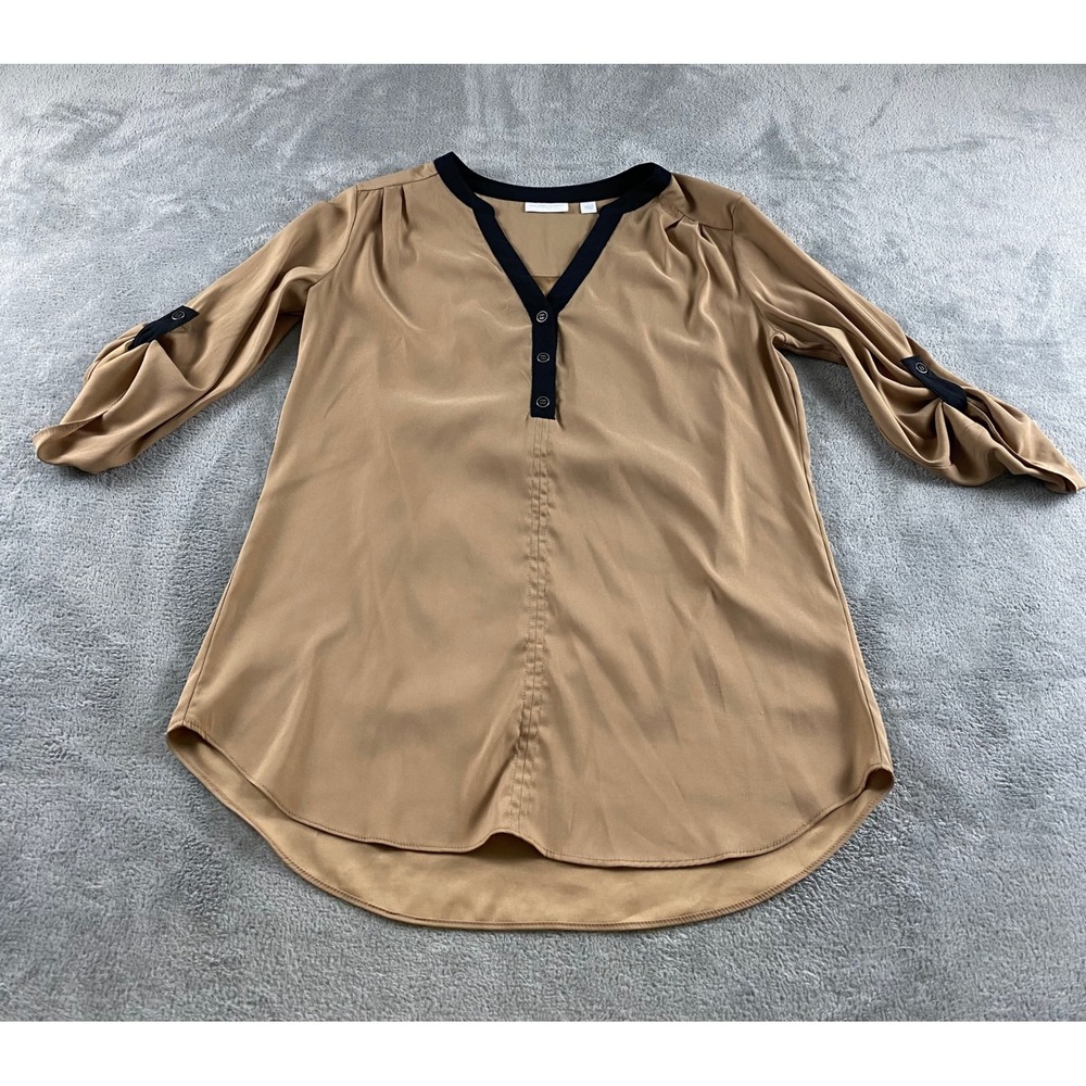 New York & Company Stretch Tan Black Trim Roll Tab Sleeve V-Neck Blouse Small‎